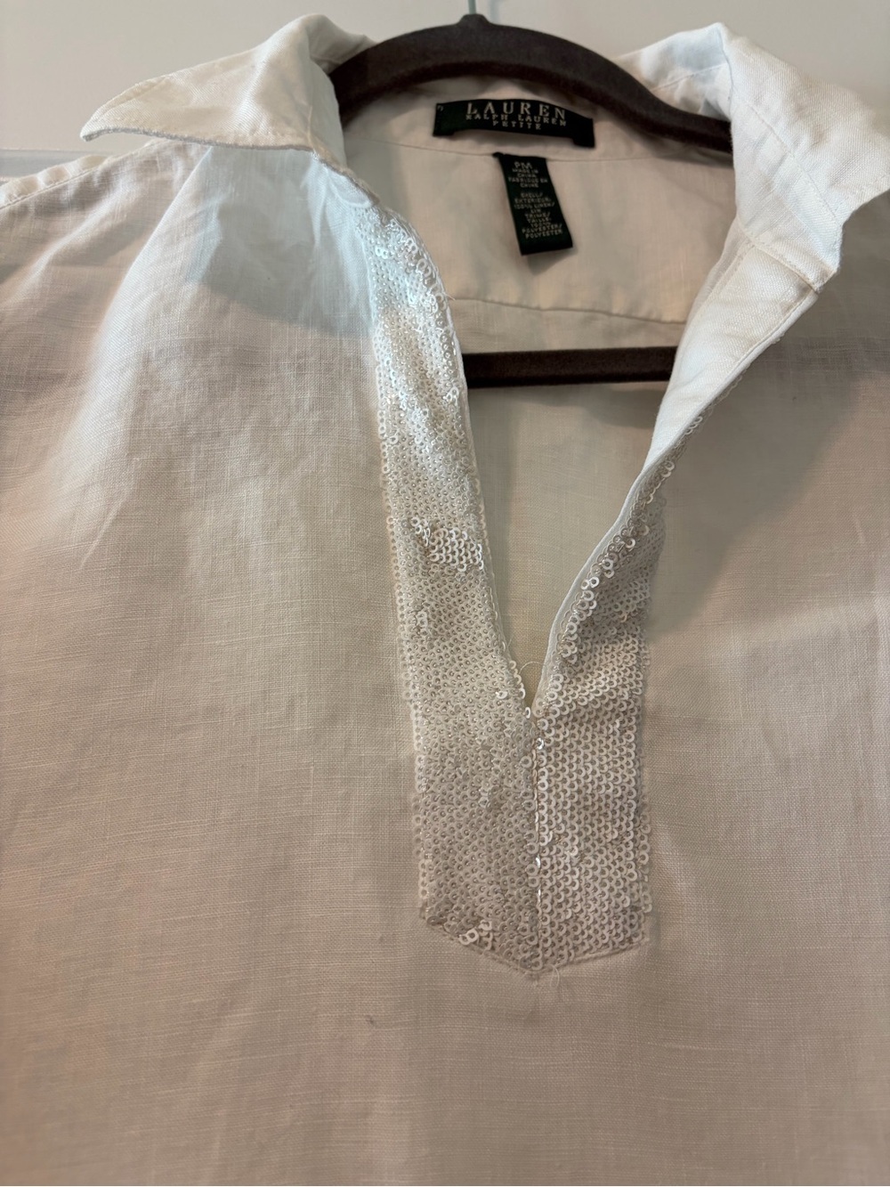Ralph Lauren Women's White 100% Linen Tunic Shirt with Sequins Neck - Picture 4 of 7